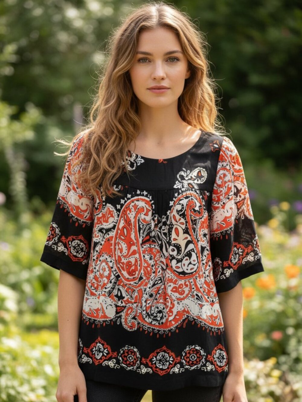 Loft S Women's Black Red Orange Paisley Boho Top SS Festival Whimsigoth Romantic